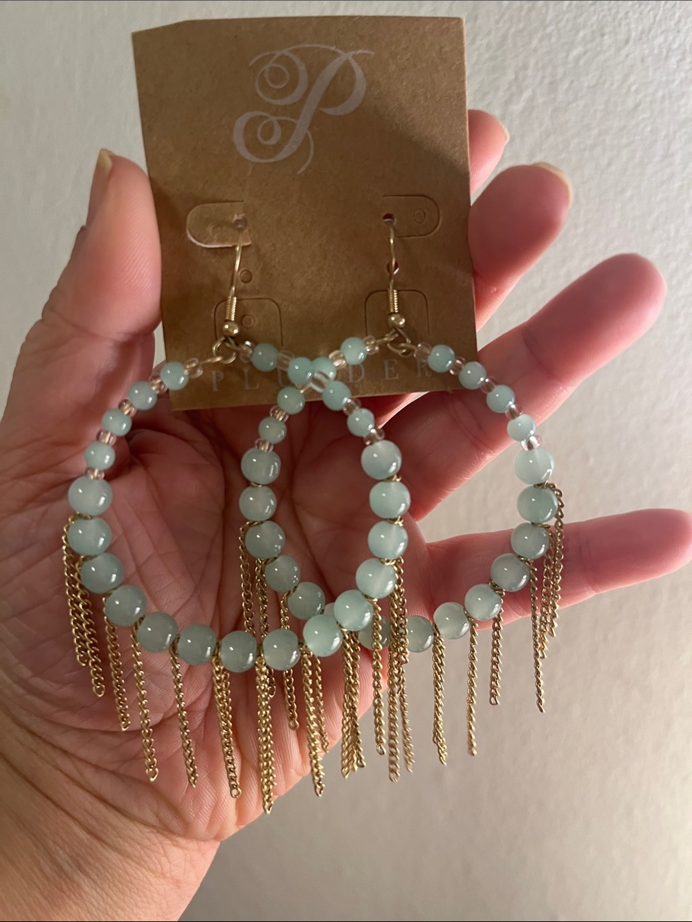 Mint Beaded Hoop Earrings with Gold Fringe -